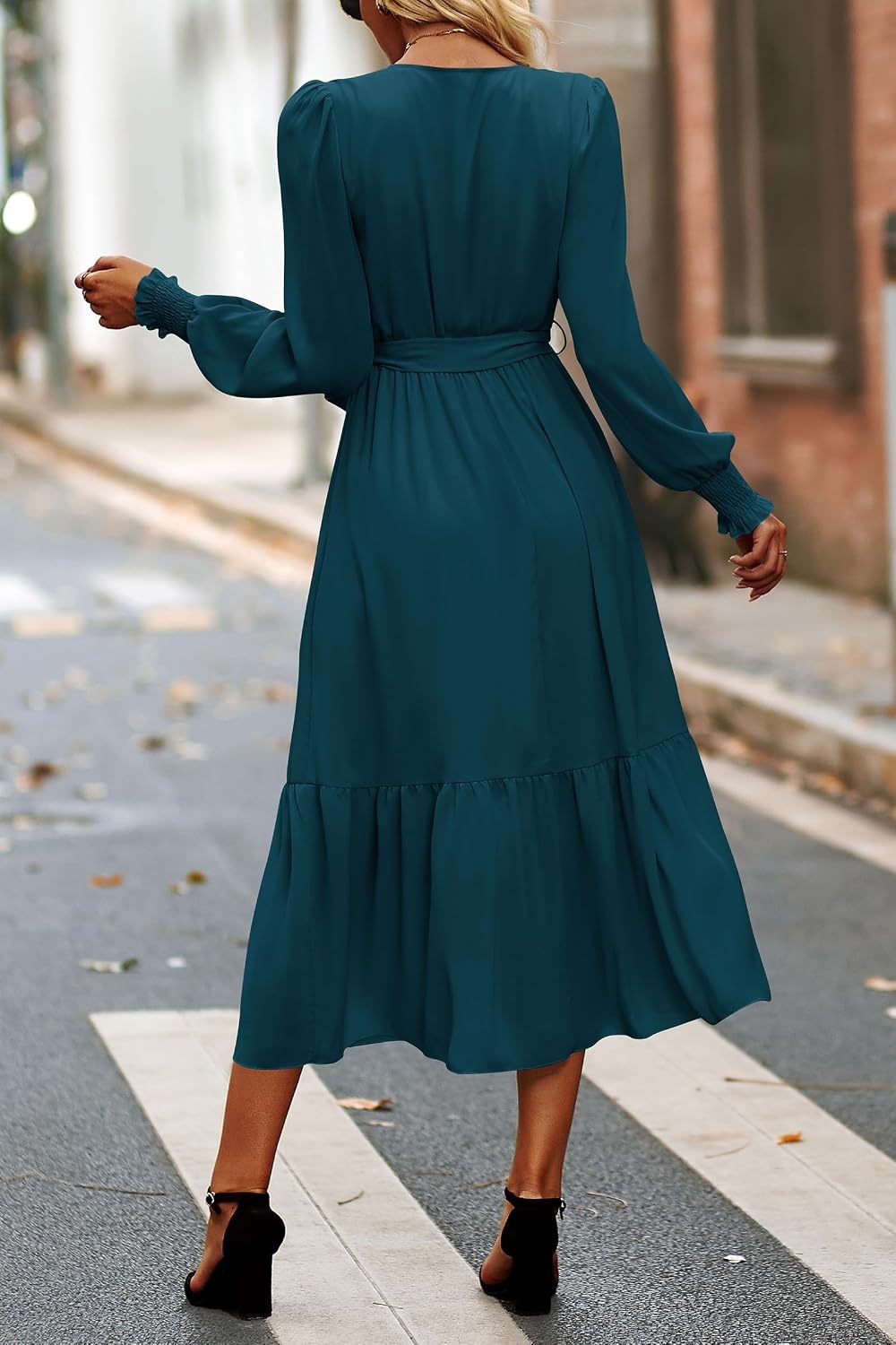 image:imagePRETTYGARDEN Womens Long Sleeve Boho Maxi Fall Floral Wedding Guest DressesSolid Lake Blue