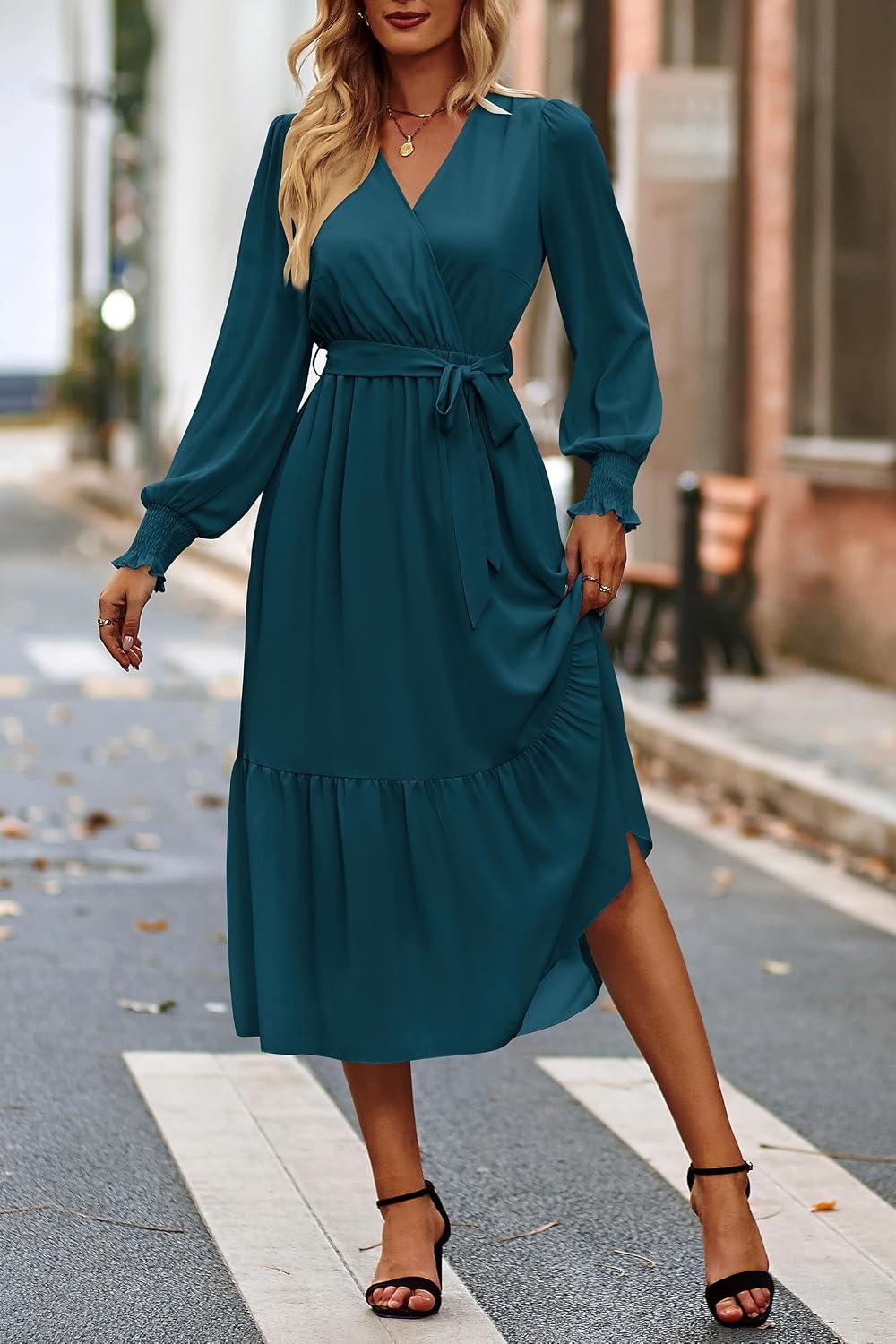 image:imagePRETTYGARDEN Womens Long Sleeve Boho Maxi Fall Floral Wedding Guest DressesSolid Lake Blue