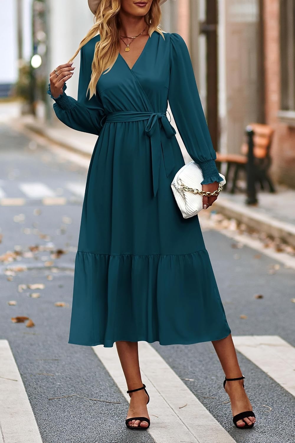 image:imagePRETTYGARDEN Womens Long Sleeve Boho Maxi Fall Floral Wedding Guest DressesSolid Lake Blue