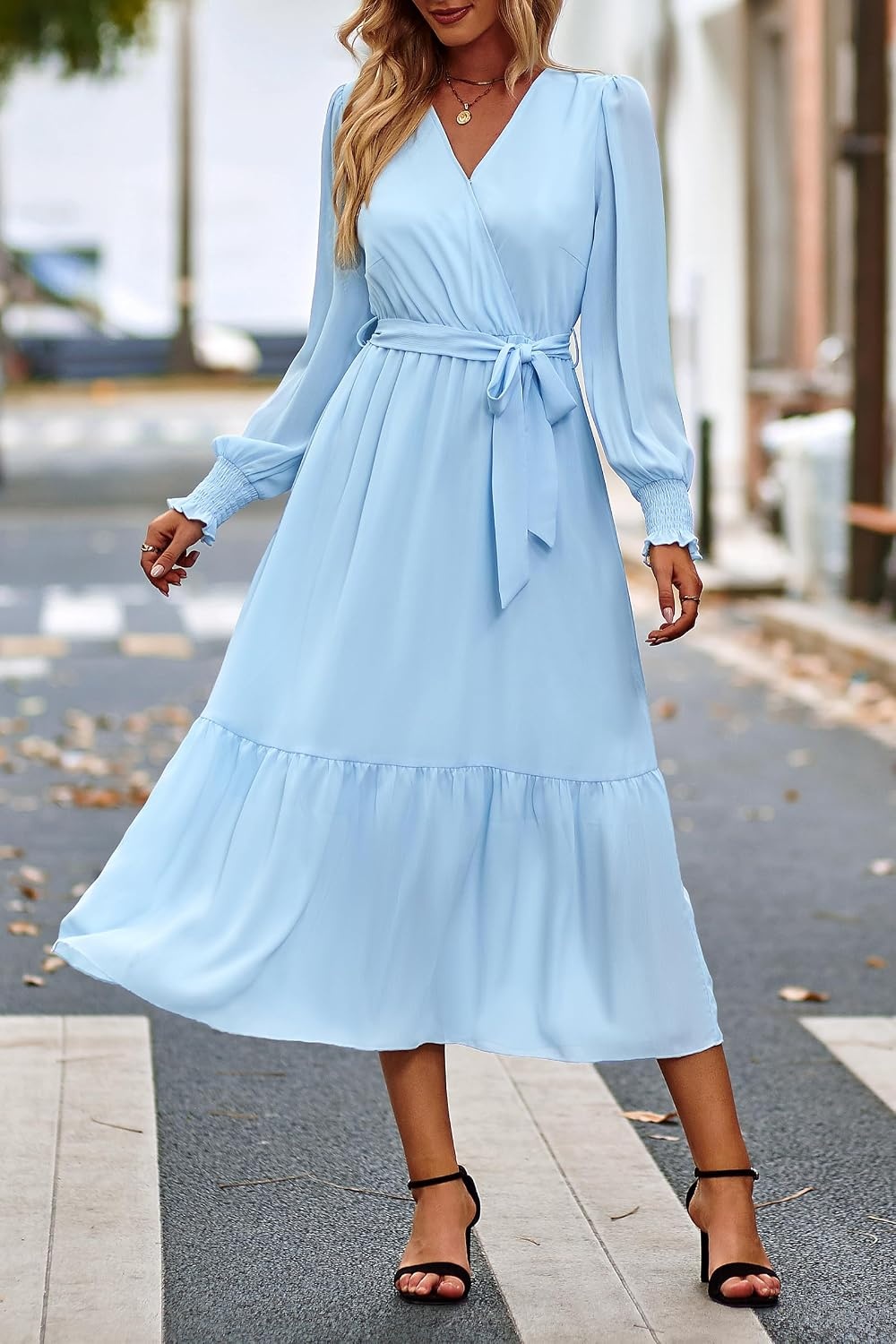 image:imagePRETTYGARDEN Womens Long Sleeve Boho Maxi Fall Floral Wedding Guest DressesSolid Light Blue