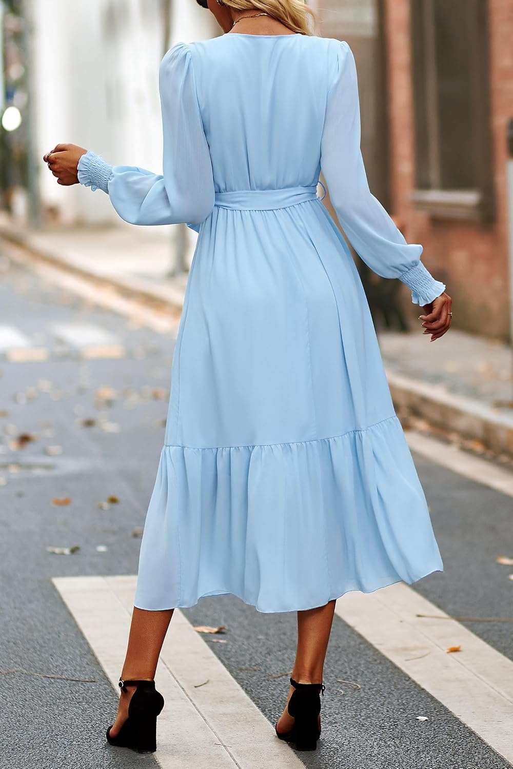 image:imagePRETTYGARDEN Womens Long Sleeve Boho Maxi Fall Floral Wedding Guest DressesSolid Light Blue