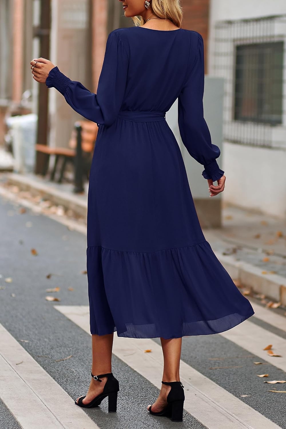 image:imagePRETTYGARDEN Womens Long Sleeve Boho Maxi Fall Floral Wedding Guest DressesSolid Navy