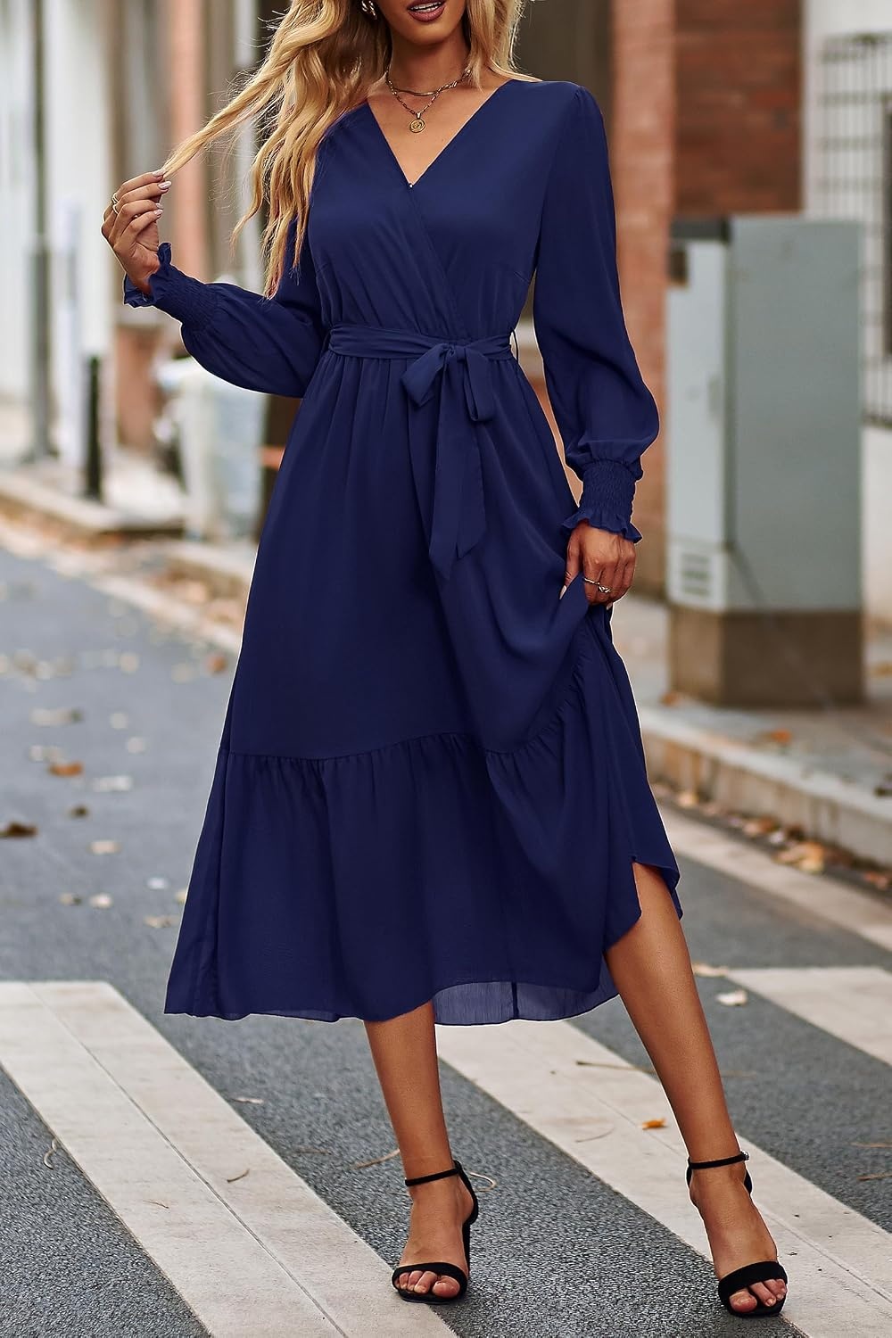 image:imagePRETTYGARDEN Womens Long Sleeve Boho Maxi Fall Floral Wedding Guest DressesSolid Navy