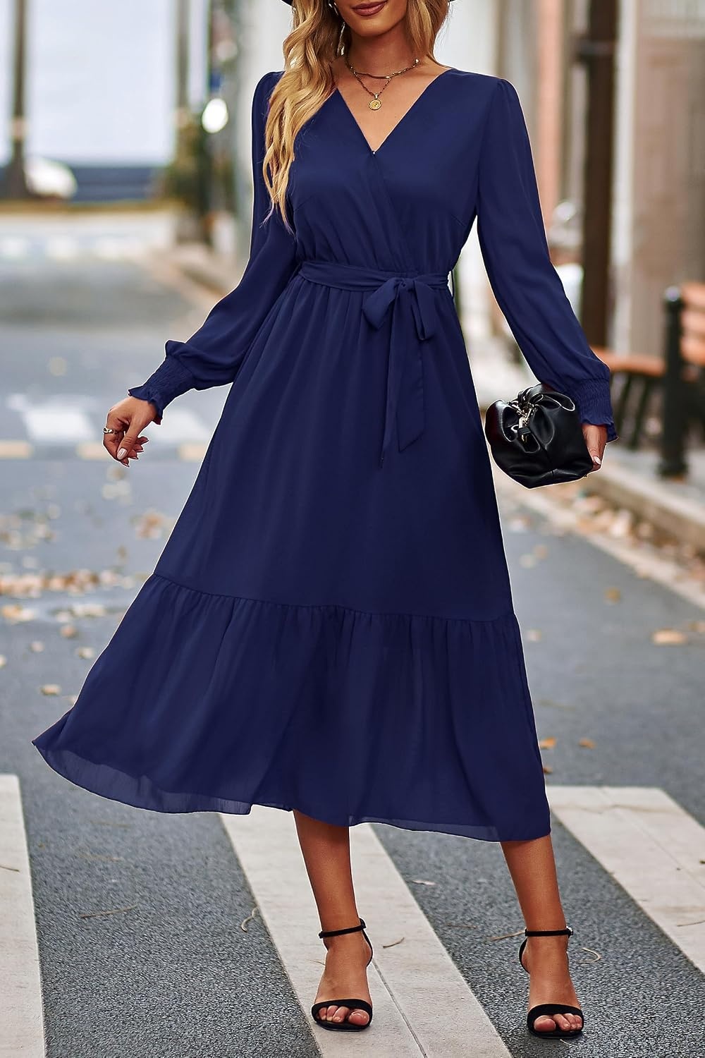 image:imagePRETTYGARDEN Womens Long Sleeve Boho Maxi Fall Floral Wedding Guest DressesSolid Navy