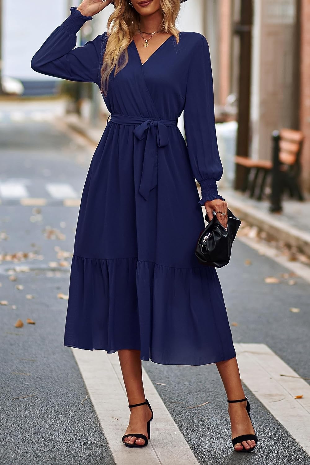 image:imagePRETTYGARDEN Womens Long Sleeve Boho Maxi Fall Floral Wedding Guest DressesSolid Navy
