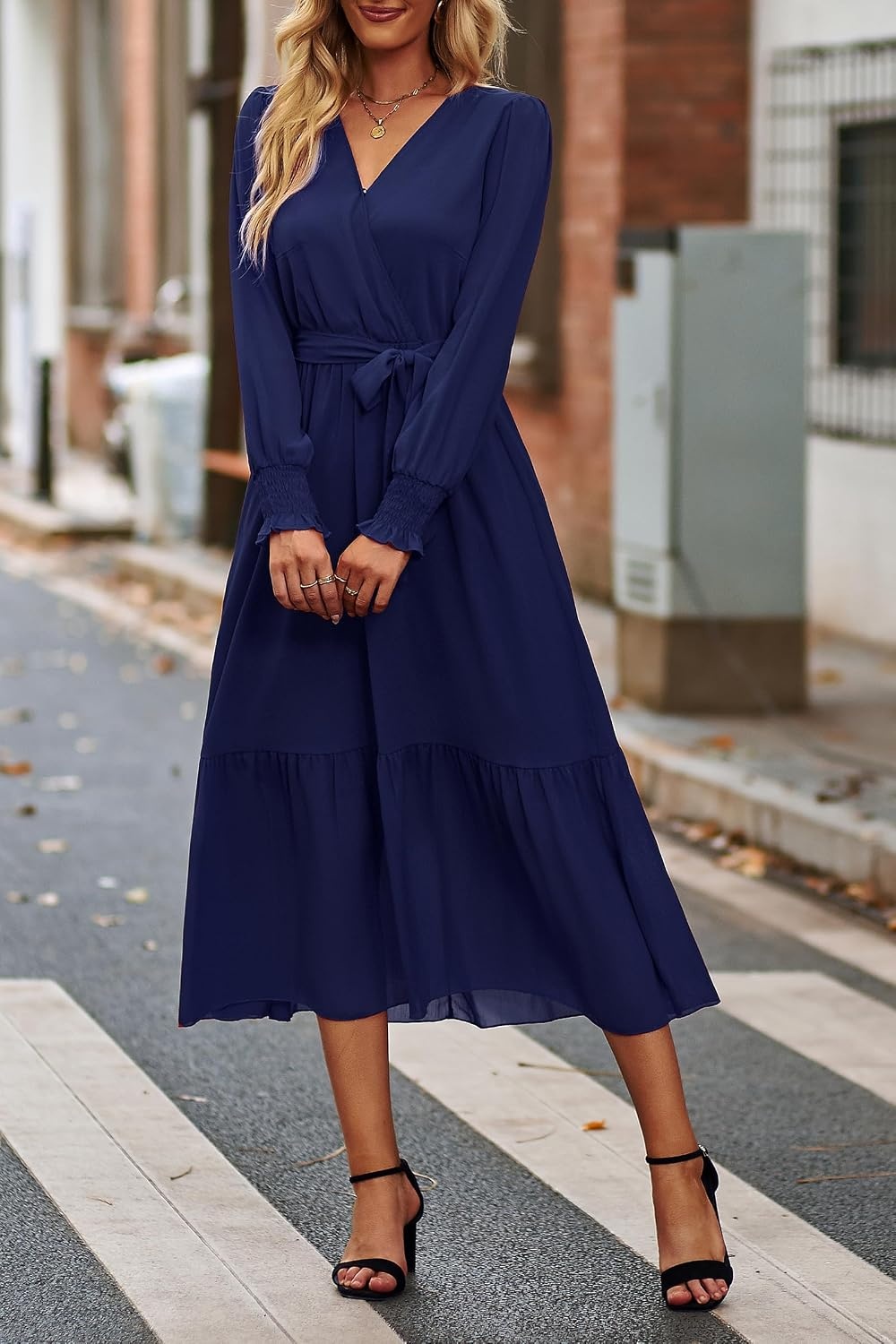 image:imagePRETTYGARDEN Womens Long Sleeve Boho Maxi Fall Floral Wedding Guest DressesSolid Navy
