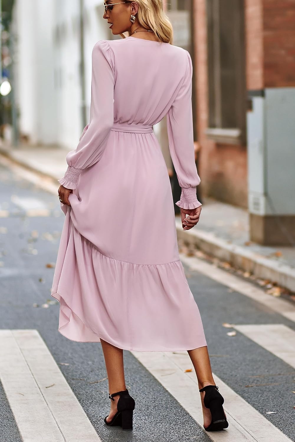 image:imagePRETTYGARDEN Womens Long Sleeve Boho Maxi Fall Floral Wedding Guest DressesSolid Pink