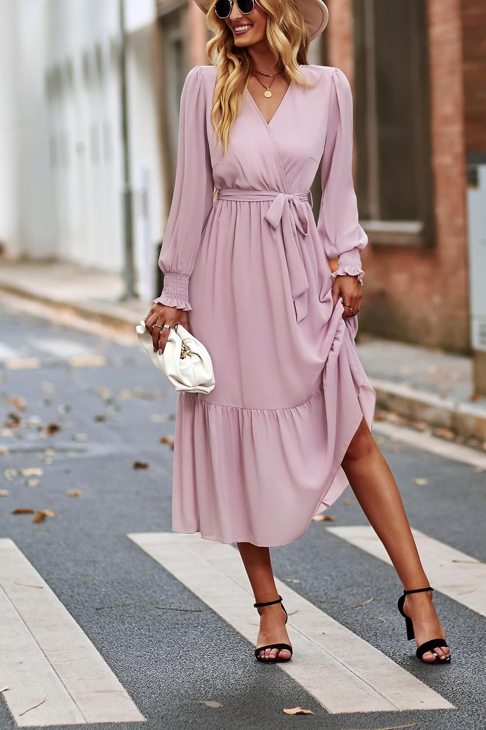 image:imagePRETTYGARDEN Womens Long Sleeve Boho Maxi Fall Floral Wedding Guest DressesSolid Pink