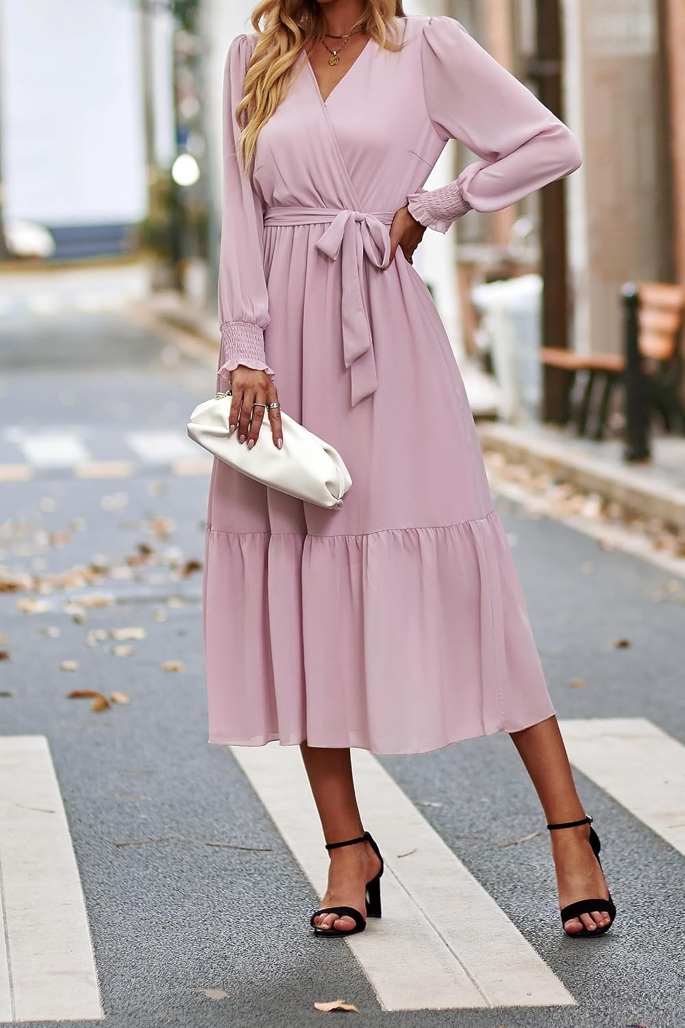 image:imagePRETTYGARDEN Womens Long Sleeve Boho Maxi Fall Floral Wedding Guest DressesSolid Pink