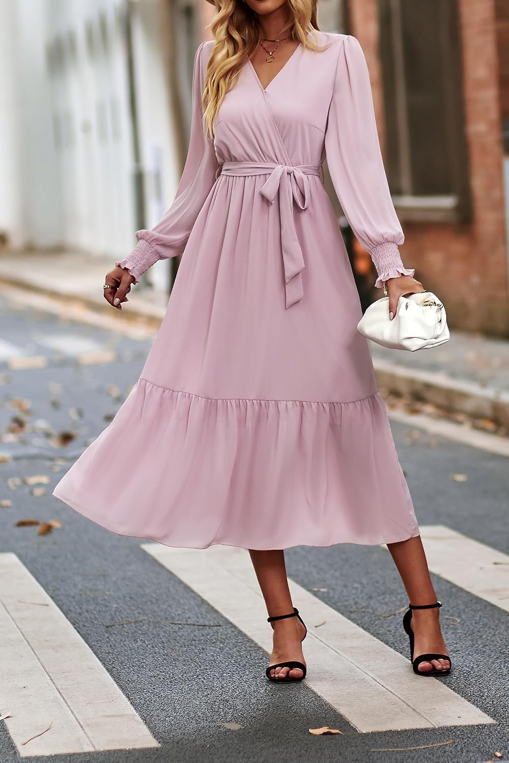 image:imagePRETTYGARDEN Womens Long Sleeve Boho Maxi Fall Floral Wedding Guest DressesSolid Pink