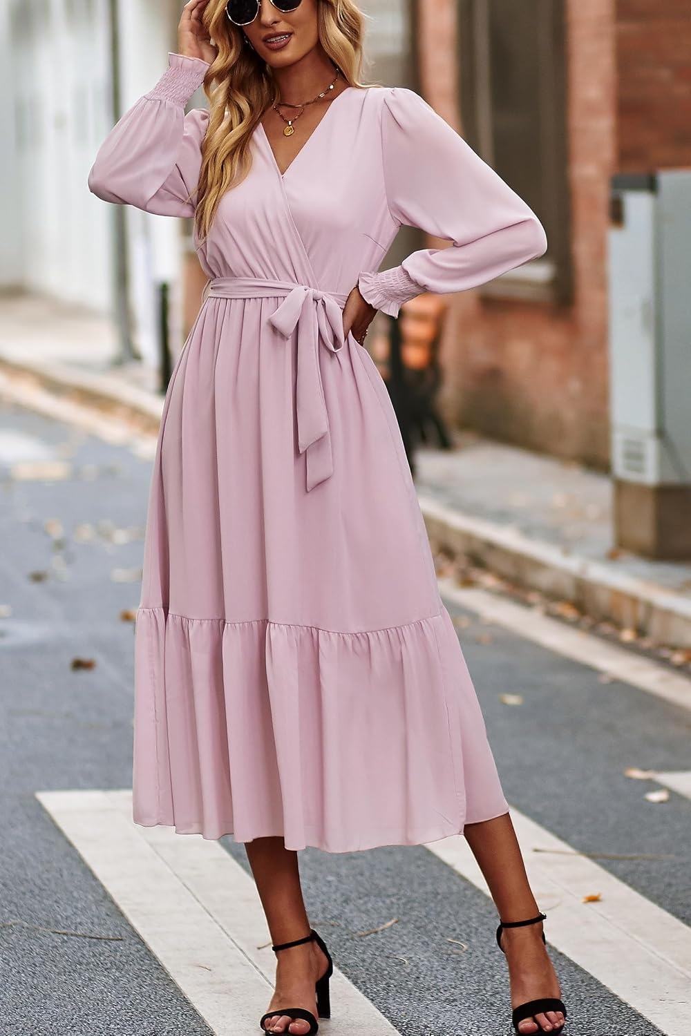 image:imagePRETTYGARDEN Womens Long Sleeve Boho Maxi Fall Floral Wedding Guest DressesSolid Pink