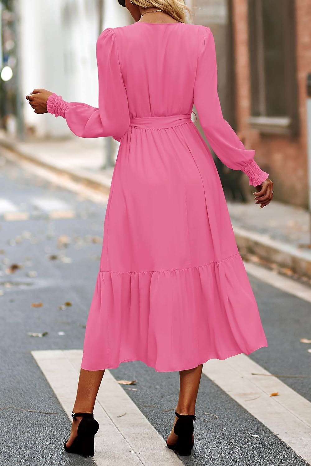 image:imagePRETTYGARDEN Womens Long Sleeve Boho Maxi Fall Floral Wedding Guest DressesSolid Rose Pink