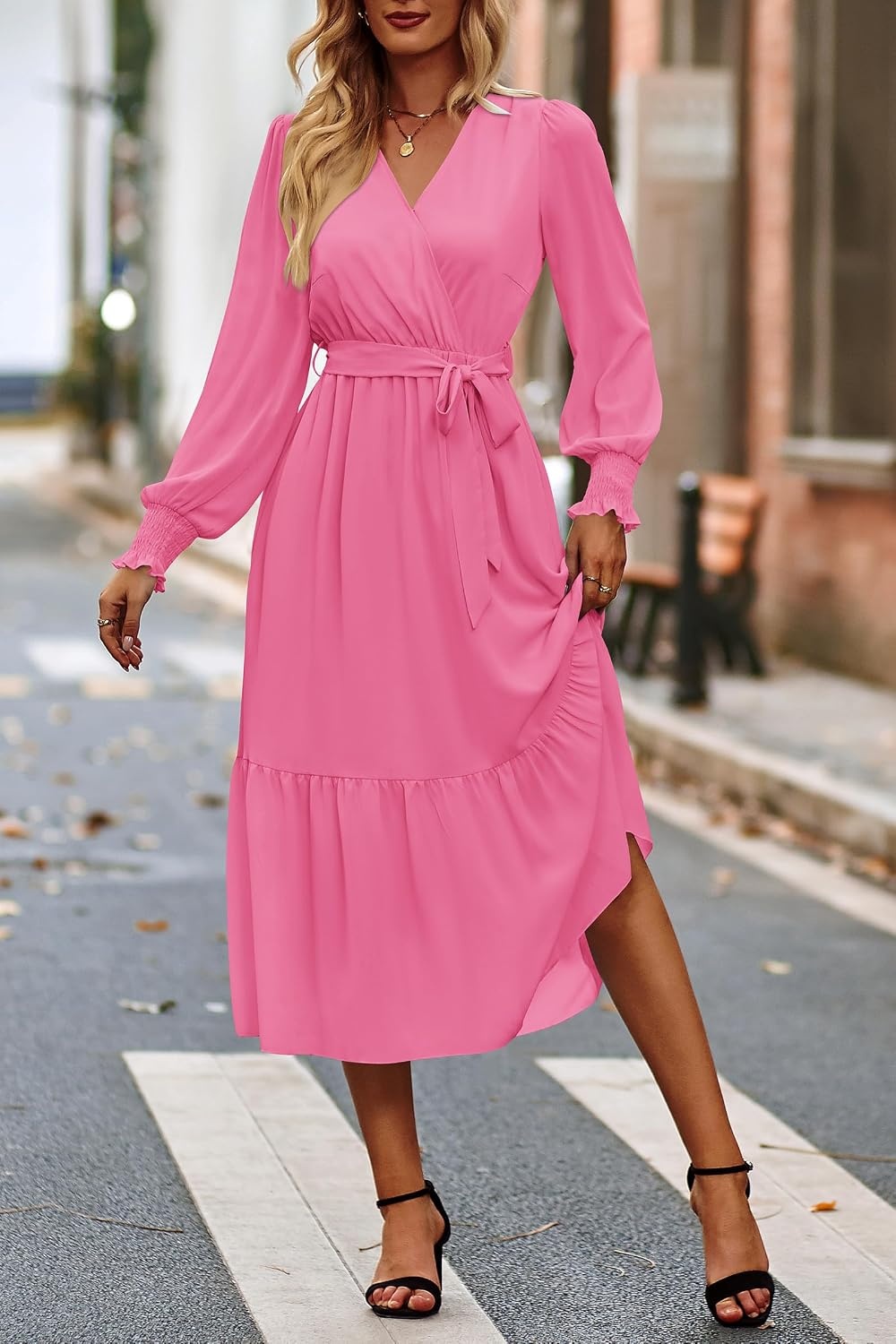 image:imagePRETTYGARDEN Womens Long Sleeve Boho Maxi Fall Floral Wedding Guest DressesSolid Rose Pink
