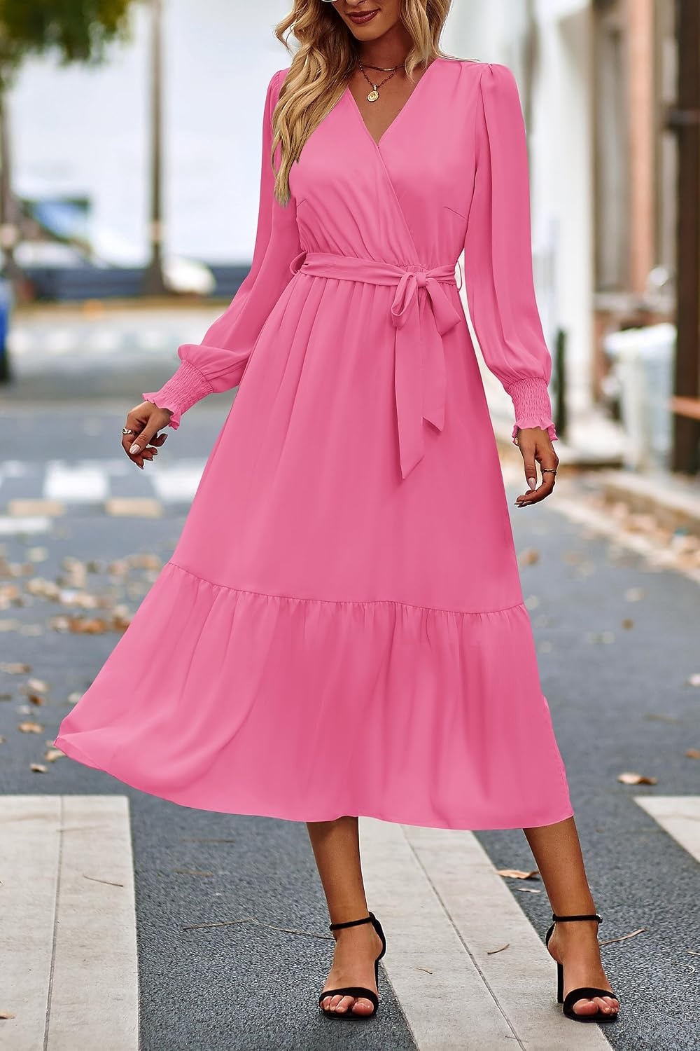 image:imagePRETTYGARDEN Womens Long Sleeve Boho Maxi Fall Floral Wedding Guest DressesSolid Rose Pink