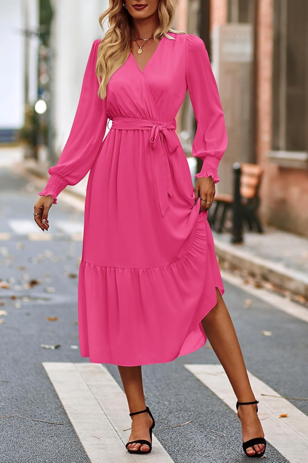 image:imagePRETTYGARDEN Womens Long Sleeve Boho Maxi Fall Floral Wedding Guest DressesSolid Rose Red