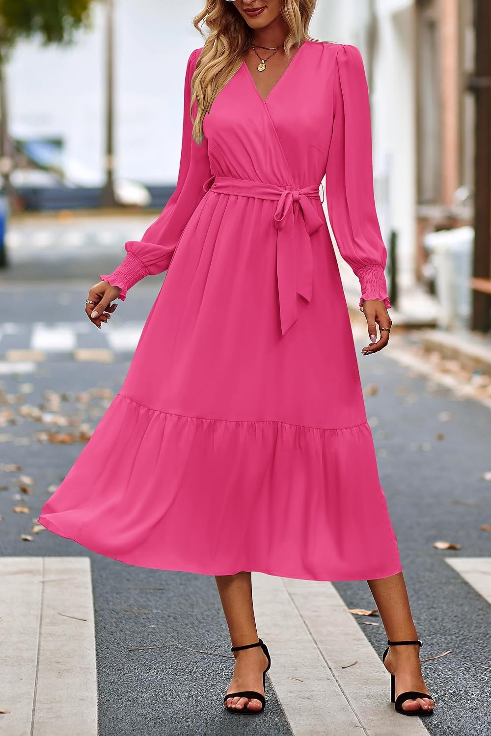 image:imagePRETTYGARDEN Womens Long Sleeve Boho Maxi Fall Floral Wedding Guest DressesSolid Rose Red