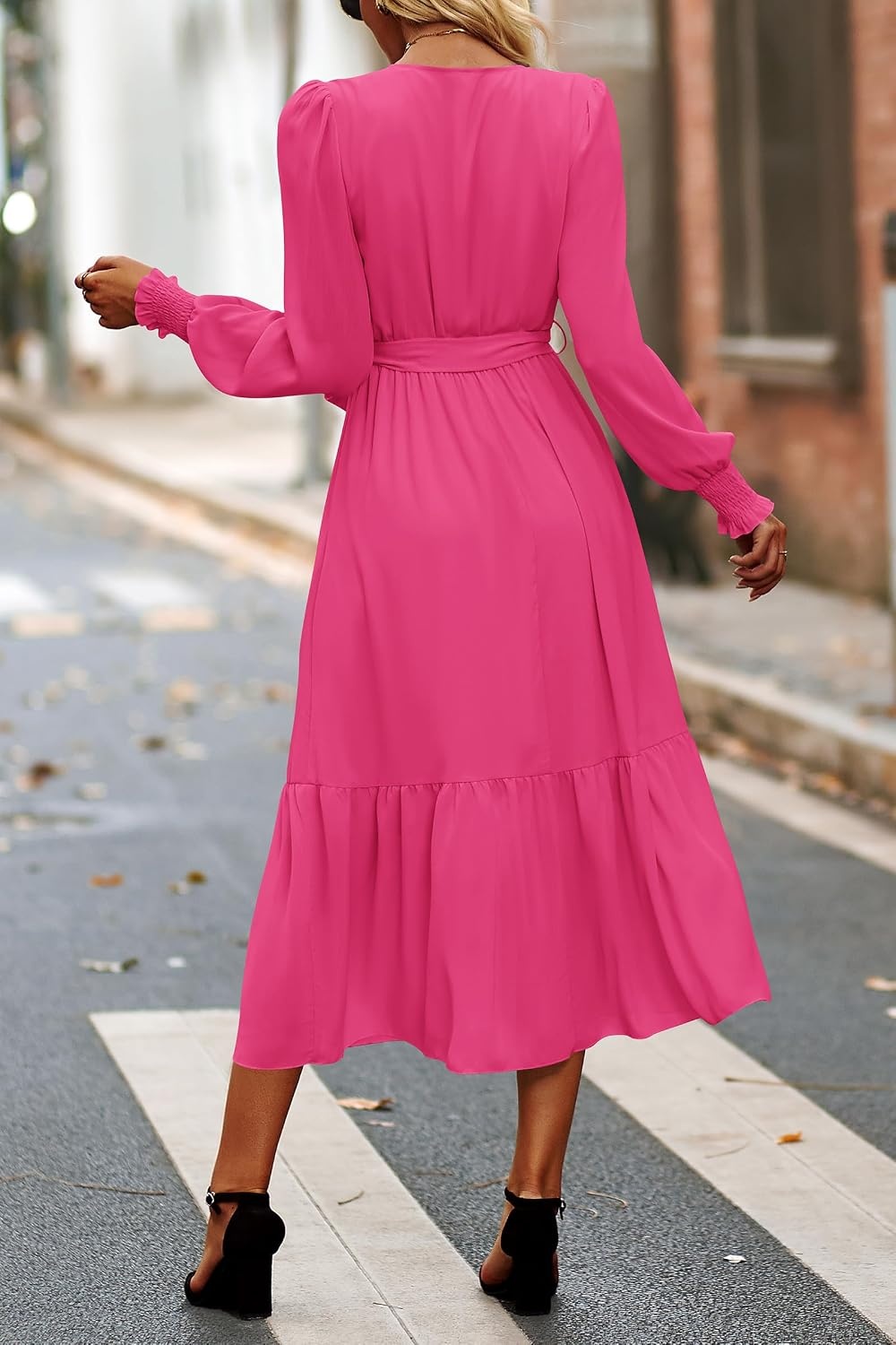 image:imagePRETTYGARDEN Womens Long Sleeve Boho Maxi Fall Floral Wedding Guest DressesSolid Rose Red