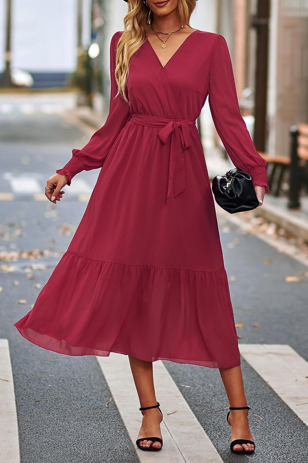 image:imagePRETTYGARDEN Womens Long Sleeve Boho Maxi Fall Floral Wedding Guest DressesSolid Wine Red