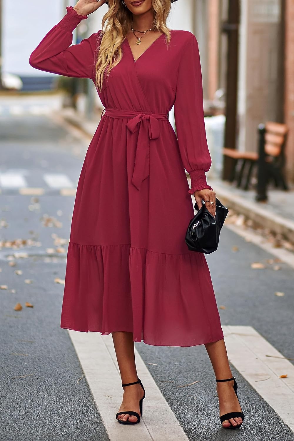 image:imagePRETTYGARDEN Womens Long Sleeve Boho Maxi Fall Floral Wedding Guest DressesSolid Wine Red