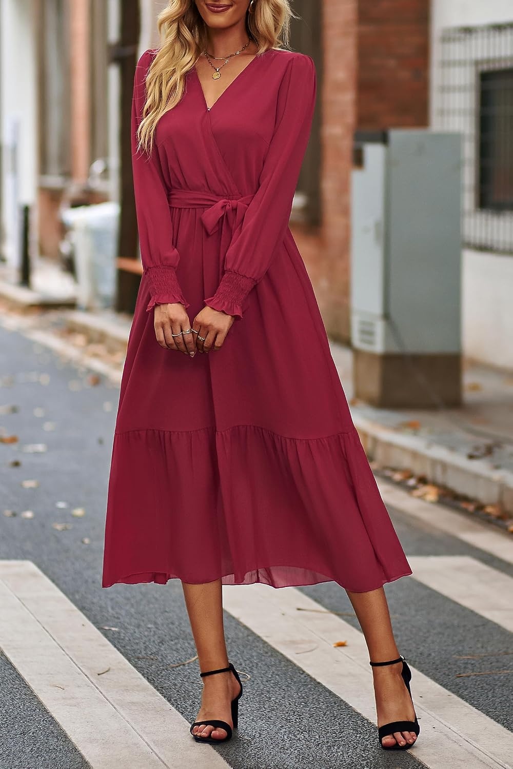 image:imagePRETTYGARDEN Womens Long Sleeve Boho Maxi Fall Floral Wedding Guest DressesSolid Wine Red