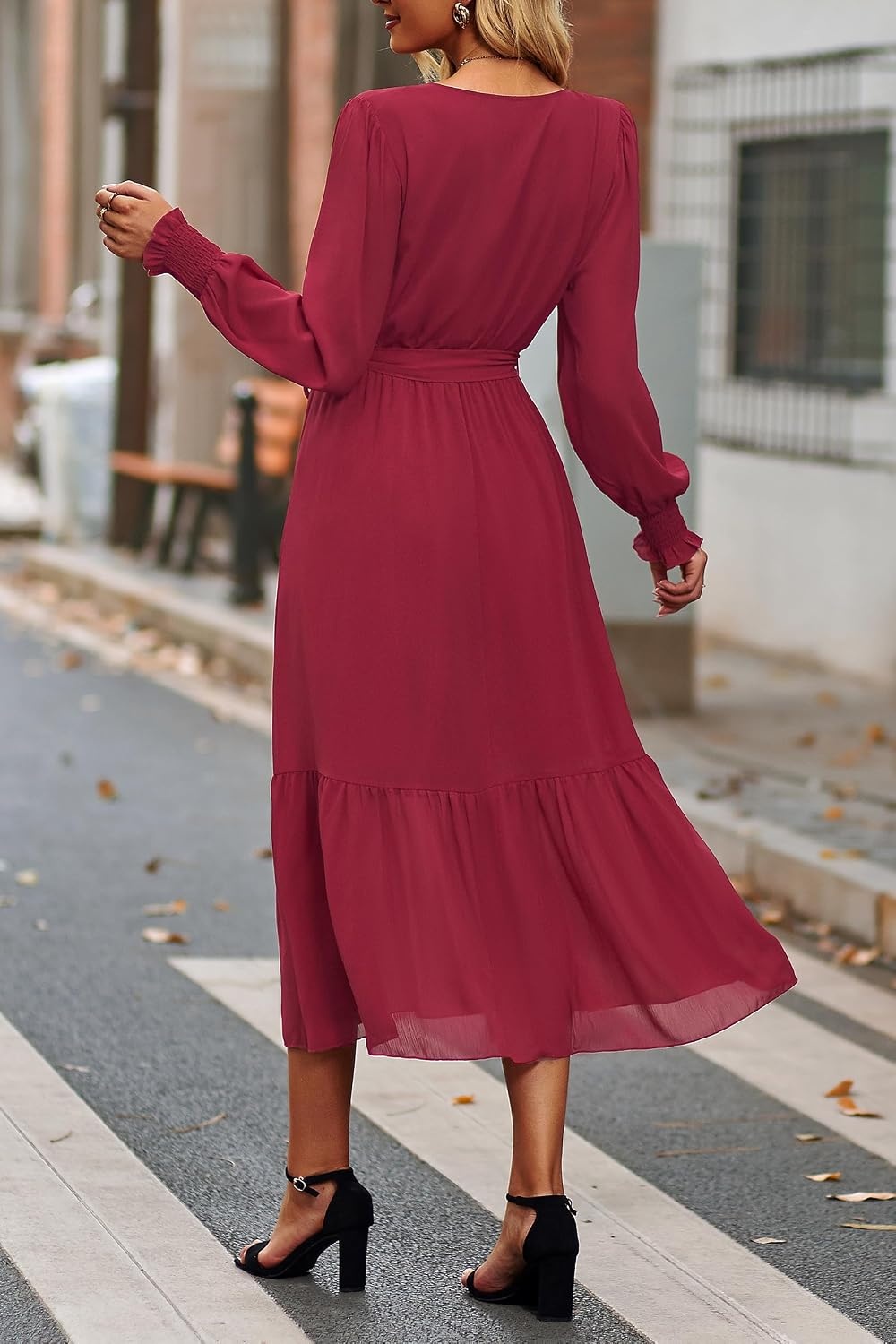 image:imagePRETTYGARDEN Womens Long Sleeve Boho Maxi Fall Floral Wedding Guest DressesSolid Wine Red