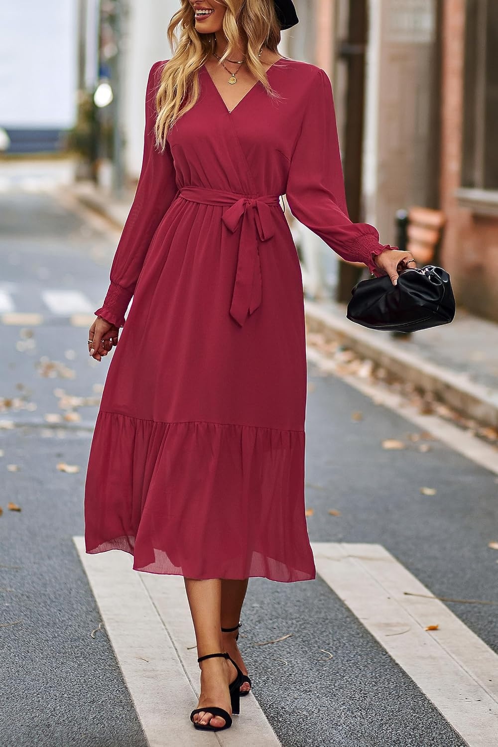 image:imagePRETTYGARDEN Womens Long Sleeve Boho Maxi Fall Floral Wedding Guest DressesSolid Wine Red
