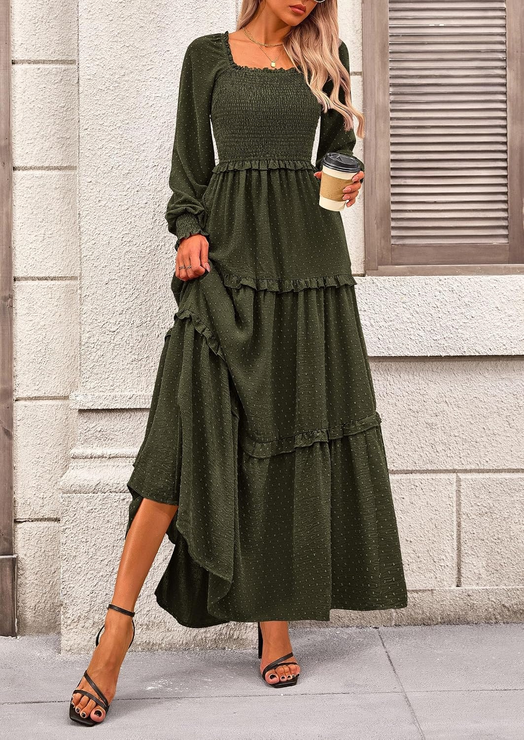 image:imagePRETTYGARDEN Womens Smocked Long Sleeve Maxi Dress Wedding Guest DressesArmy Green