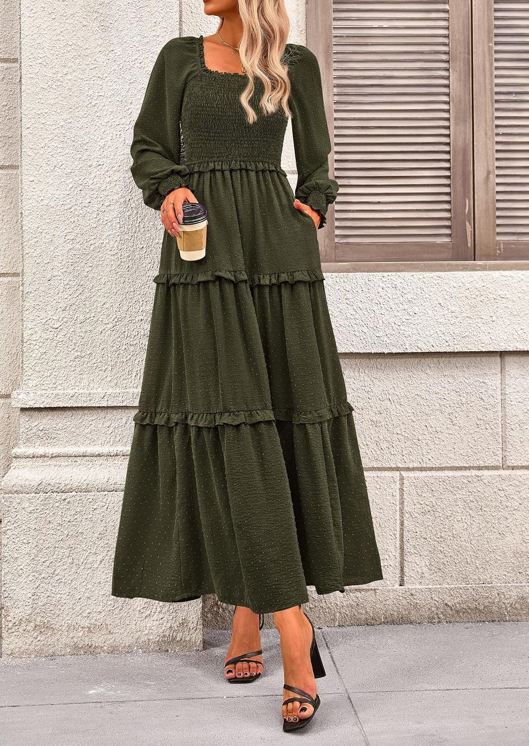 image:imagePRETTYGARDEN Womens Smocked Long Sleeve Maxi Dress Wedding Guest DressesArmy Green
