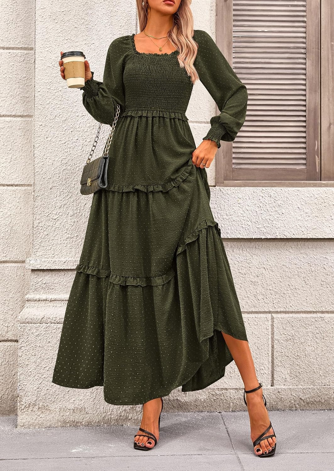 image:imagePRETTYGARDEN Womens Smocked Long Sleeve Maxi Dress Wedding Guest DressesArmy Green