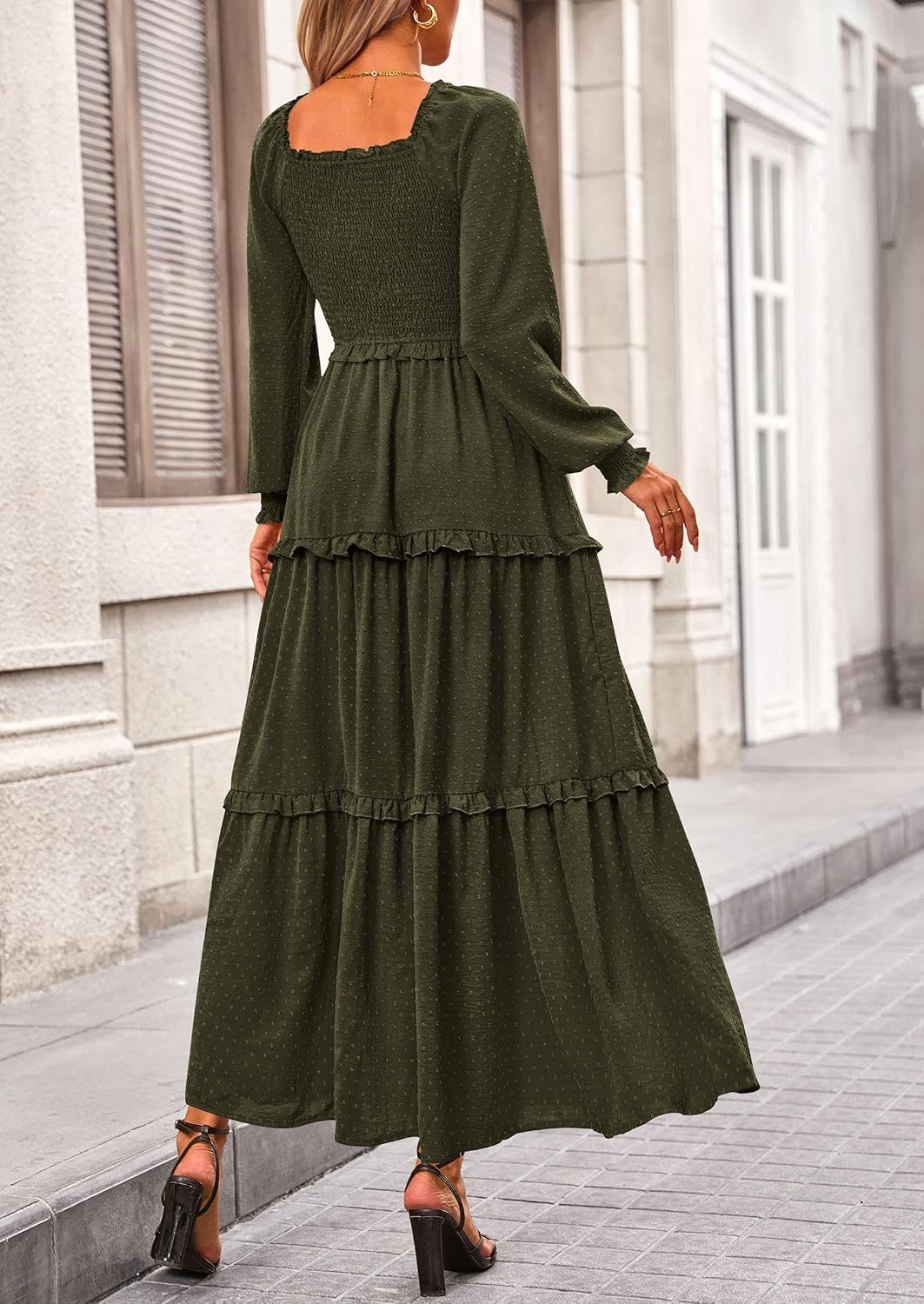 image:imagePRETTYGARDEN Womens Smocked Long Sleeve Maxi Dress Wedding Guest DressesArmy Green