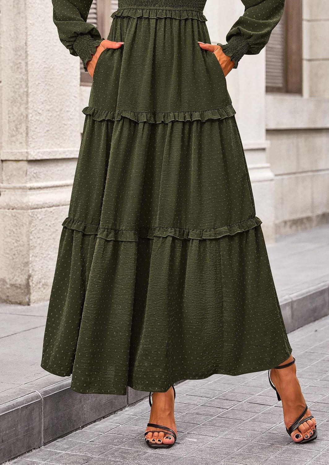 image:imagePRETTYGARDEN Womens Smocked Long Sleeve Maxi Dress Wedding Guest DressesArmy Green