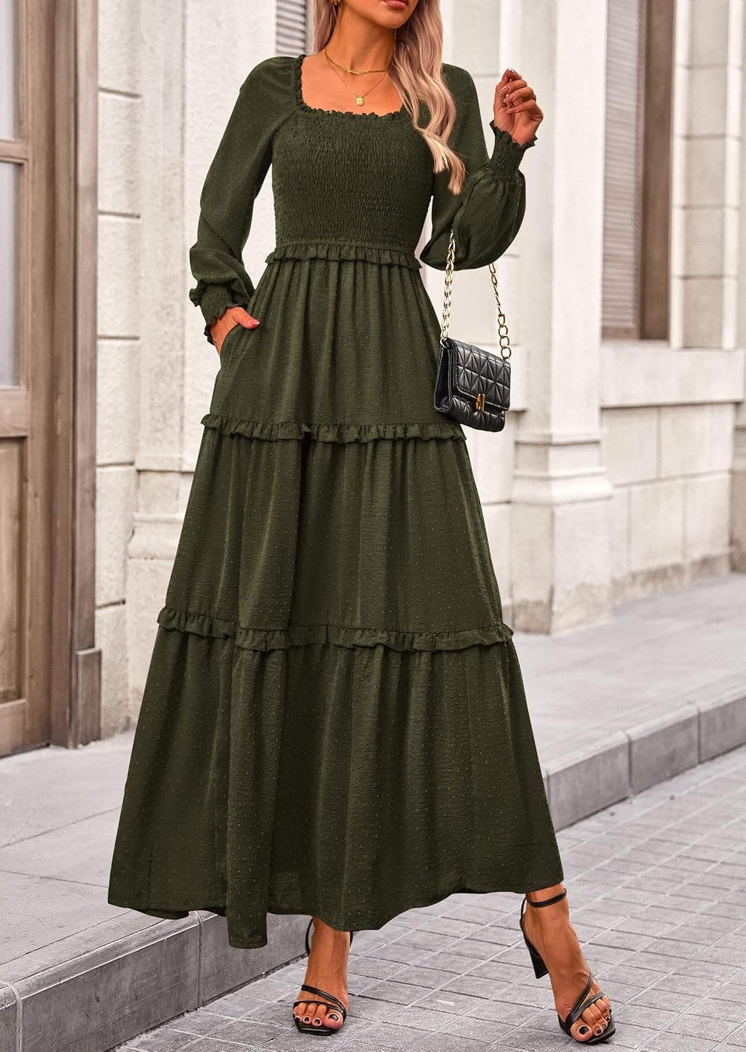 image:imagePRETTYGARDEN Womens Smocked Long Sleeve Maxi Dress Wedding Guest DressesArmy Green