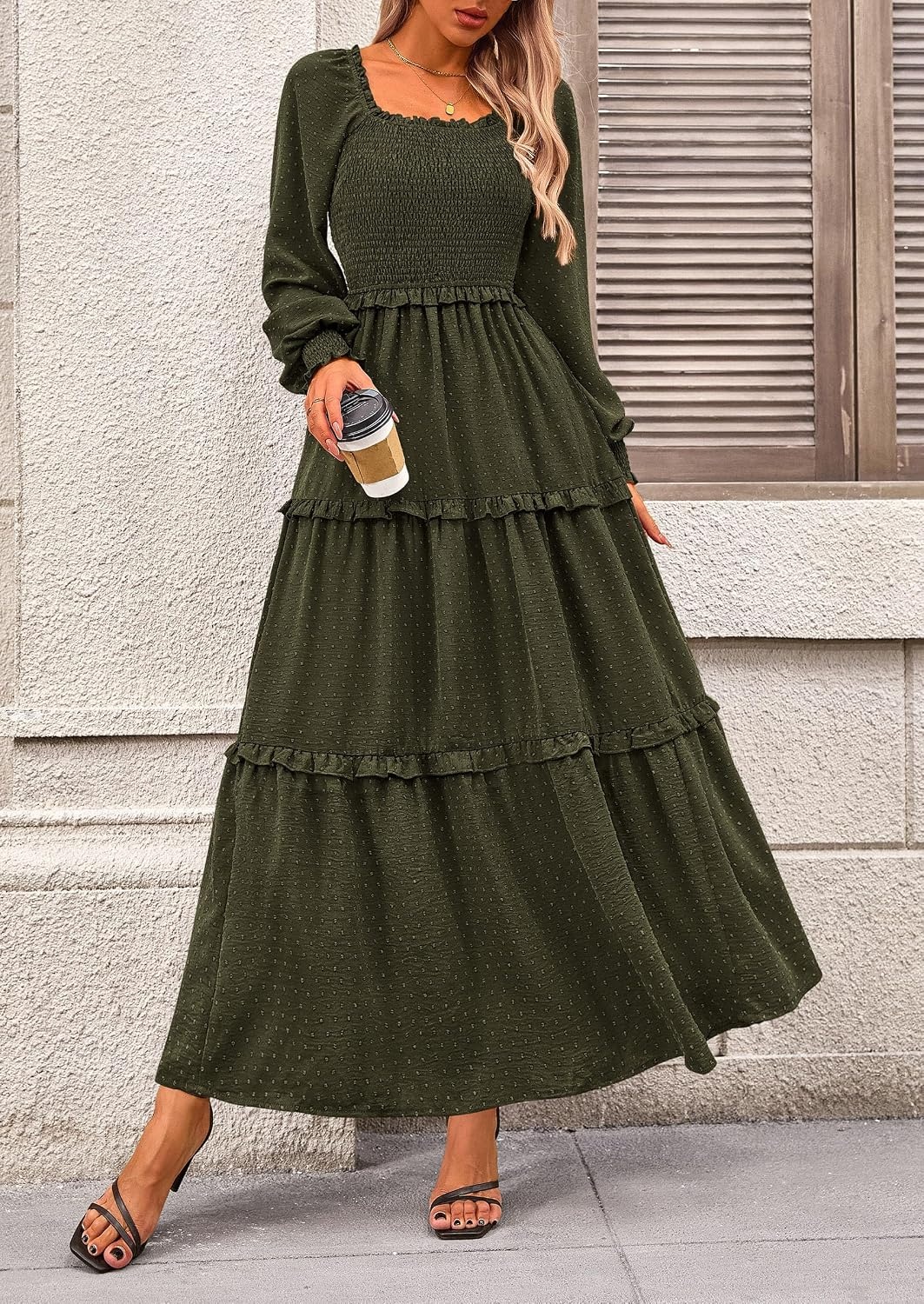 image:imagePRETTYGARDEN Womens Smocked Long Sleeve Maxi Dress Wedding Guest DressesArmy Green