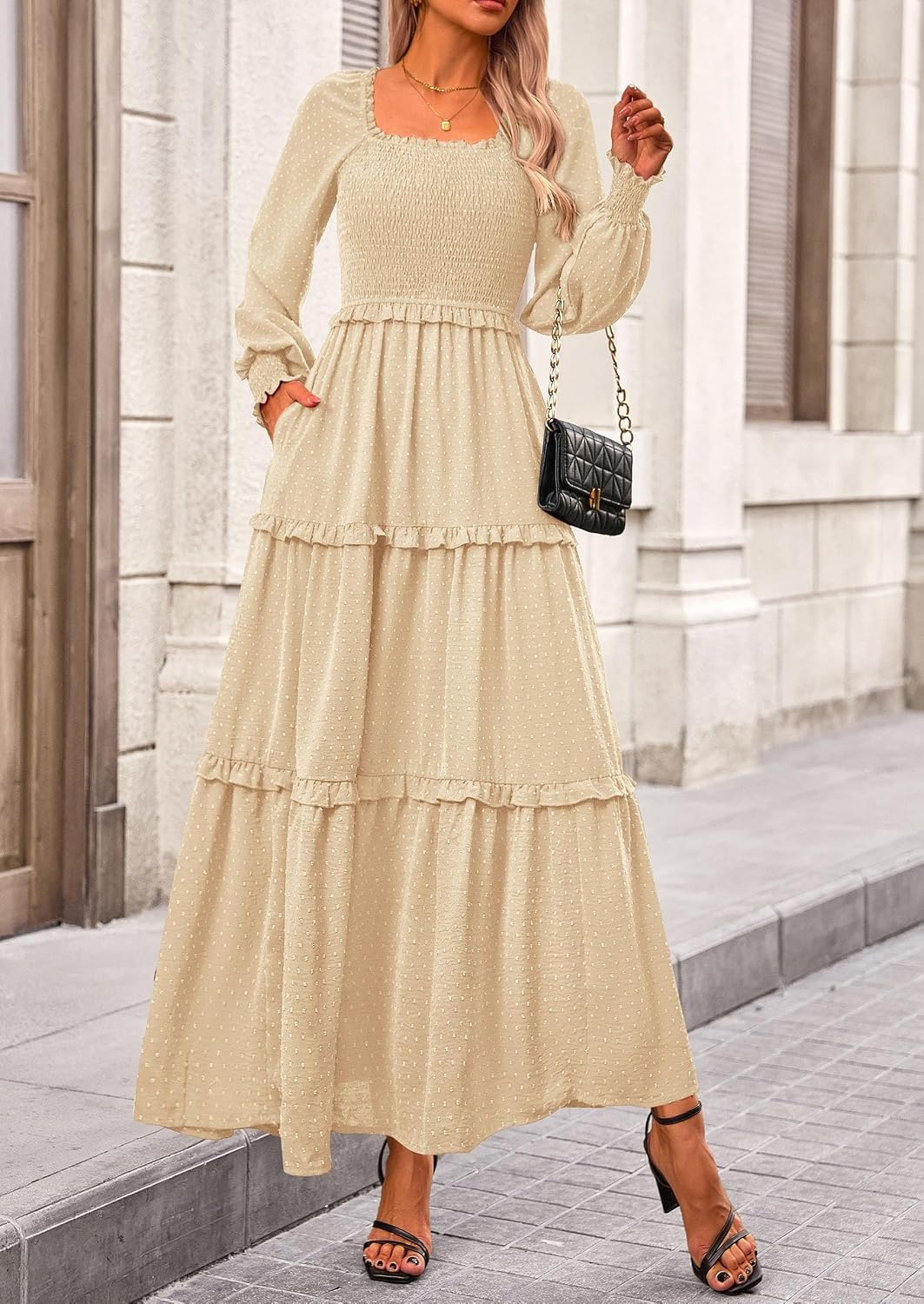 image:imagePRETTYGARDEN Womens Smocked Long Sleeve Maxi Dress Wedding Guest DressesBeige