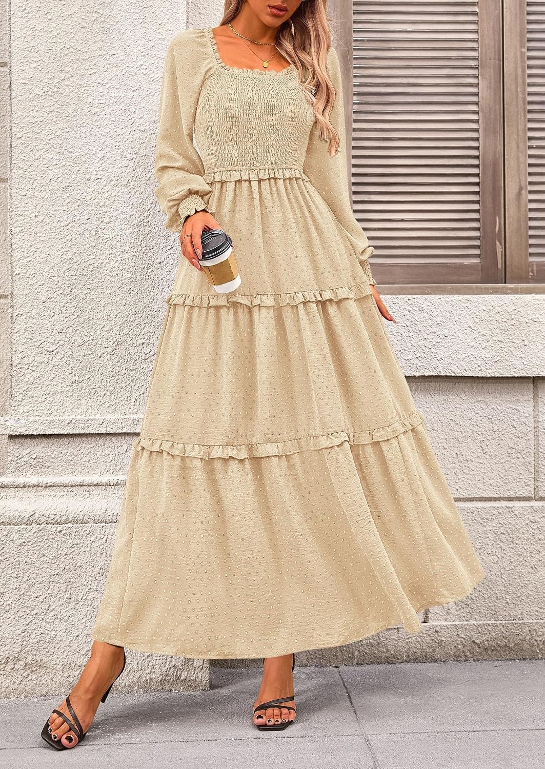 image:imagePRETTYGARDEN Womens Smocked Long Sleeve Maxi Dress Wedding Guest DressesBeige
