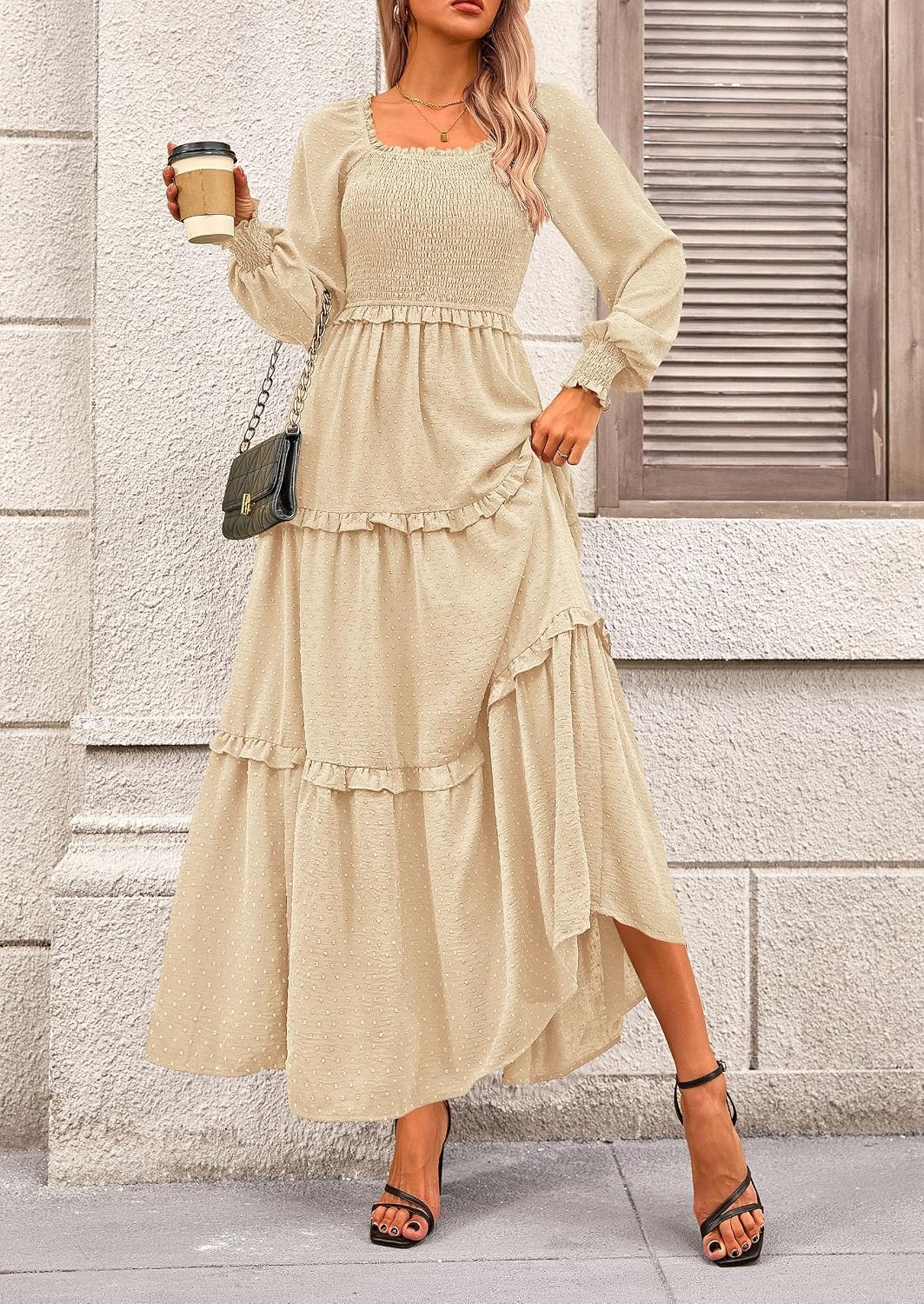 image:imagePRETTYGARDEN Womens Smocked Long Sleeve Maxi Dress Wedding Guest DressesBeige