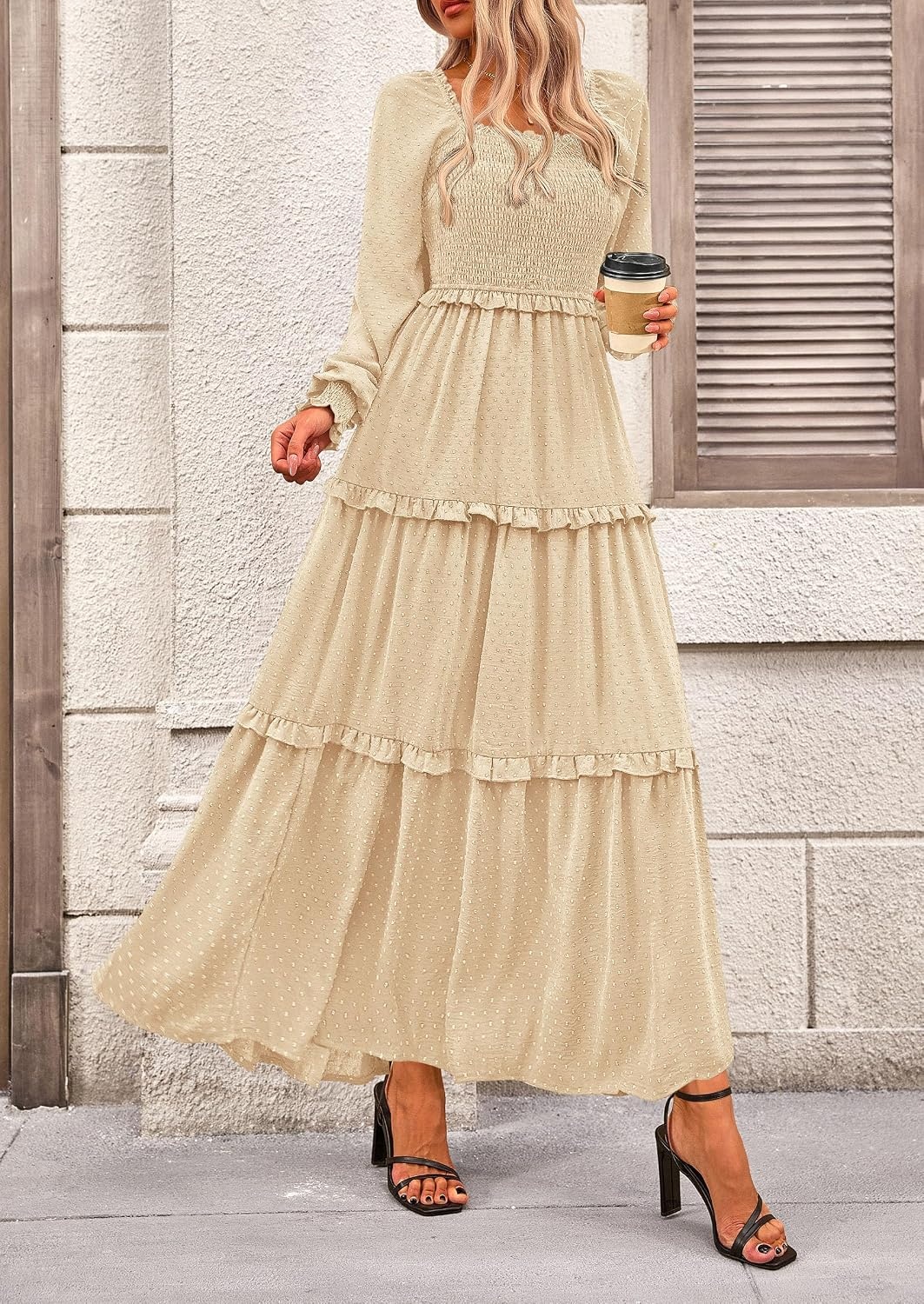 image:imagePRETTYGARDEN Womens Smocked Long Sleeve Maxi Dress Wedding Guest DressesBeige