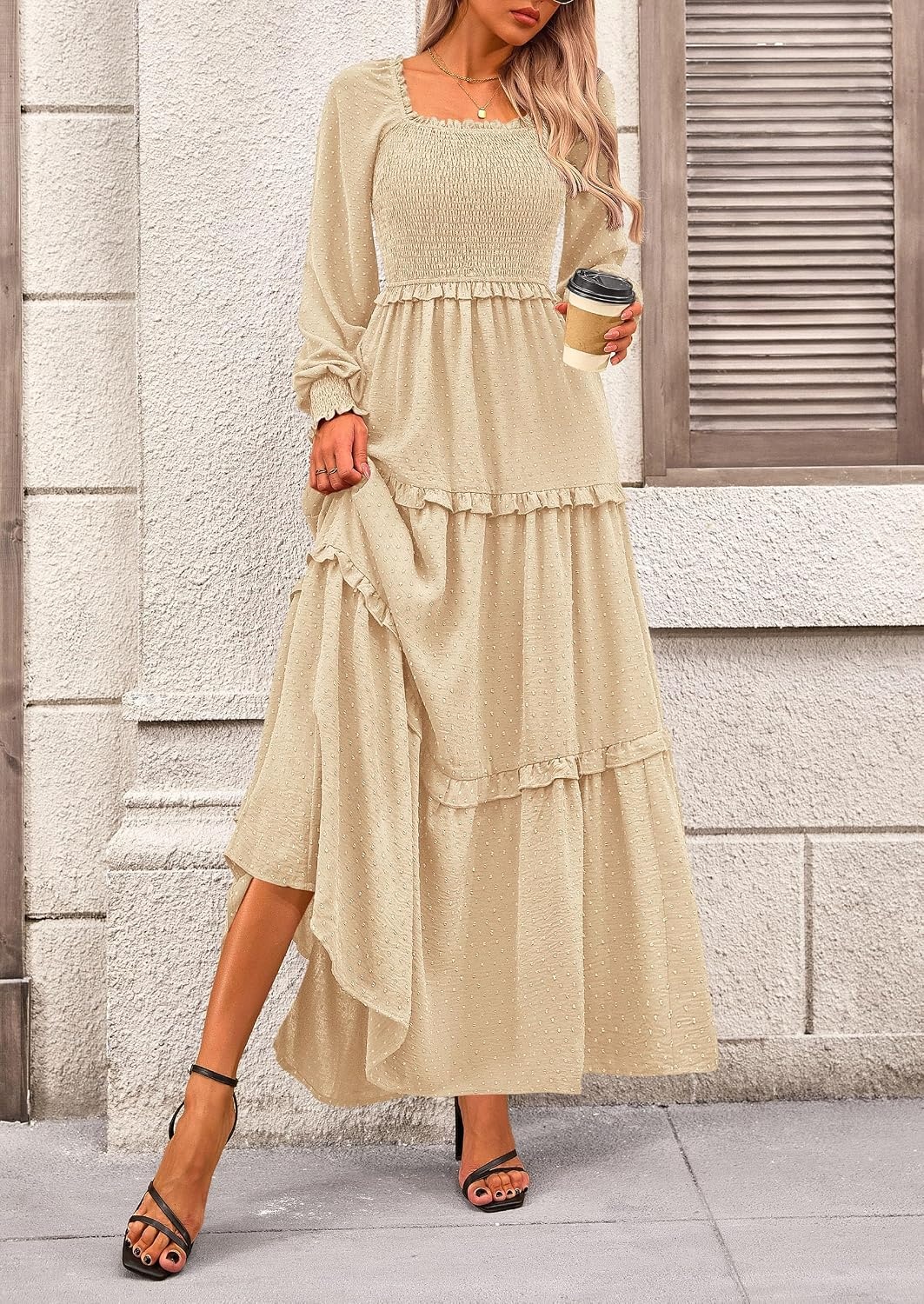 image:imagePRETTYGARDEN Womens Smocked Long Sleeve Maxi Dress Wedding Guest DressesBeige