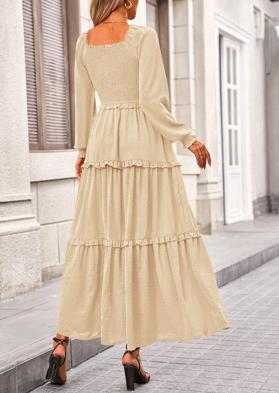 image:imagePRETTYGARDEN Womens Smocked Long Sleeve Maxi Dress Wedding Guest DressesBeige