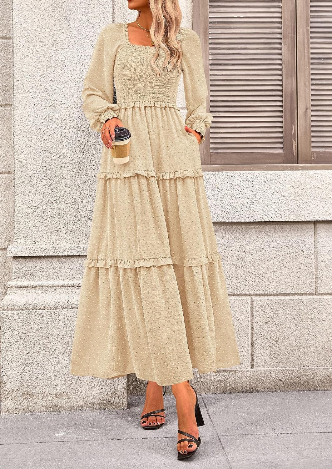 image:imagePRETTYGARDEN Womens Smocked Long Sleeve Maxi Dress Wedding Guest DressesBeige