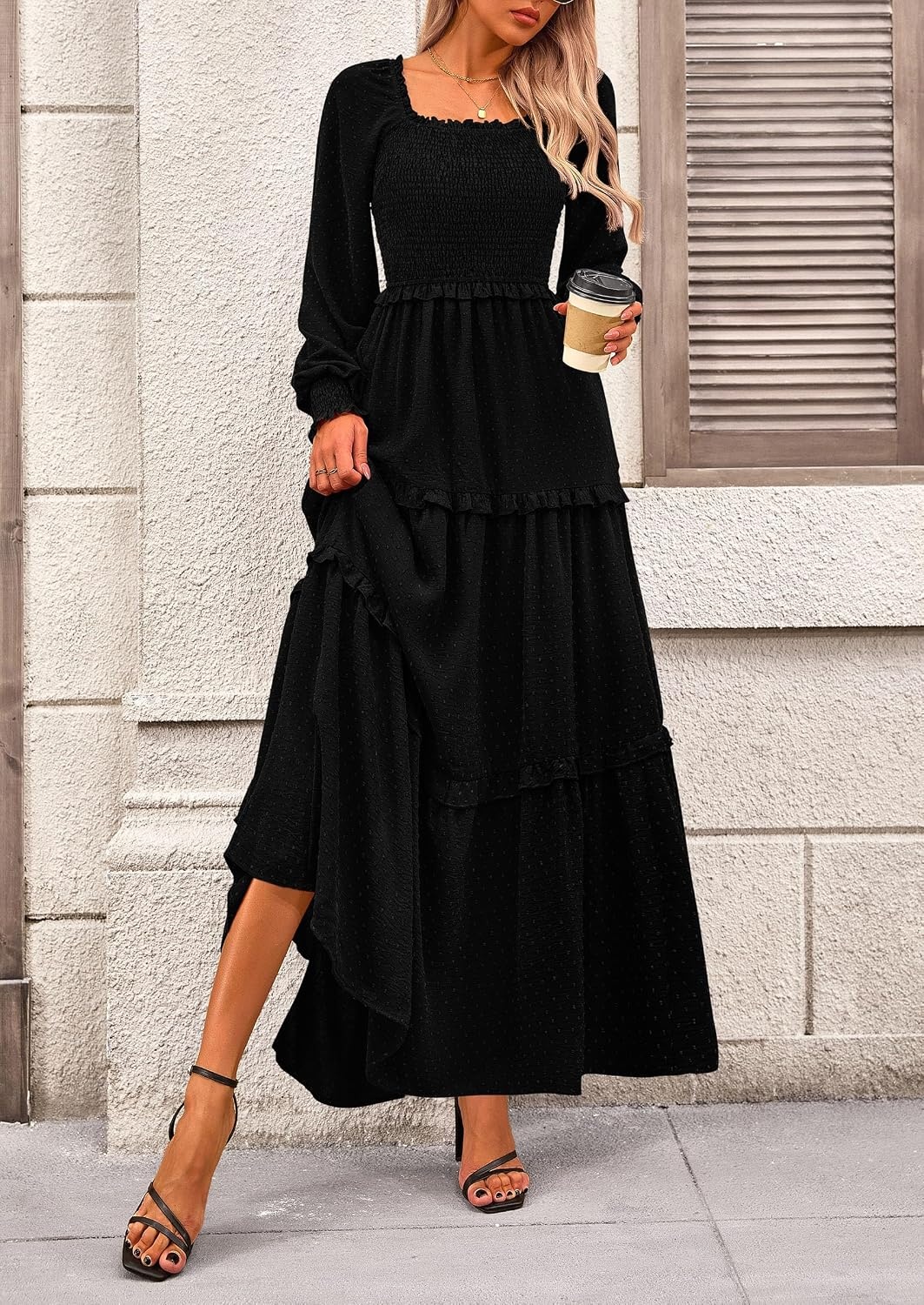 image:imagePRETTYGARDEN Womens Smocked Long Sleeve Maxi Dress Wedding Guest DressesBlack