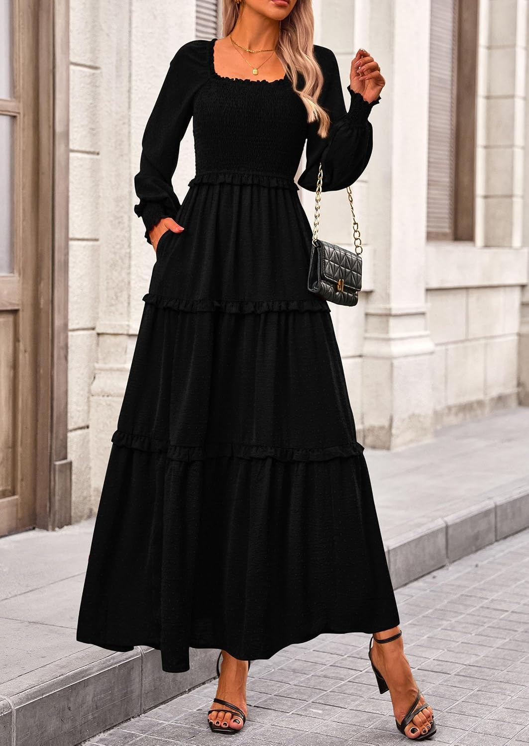 image:imagePRETTYGARDEN Womens Smocked Long Sleeve Maxi Dress Wedding Guest DressesBlack