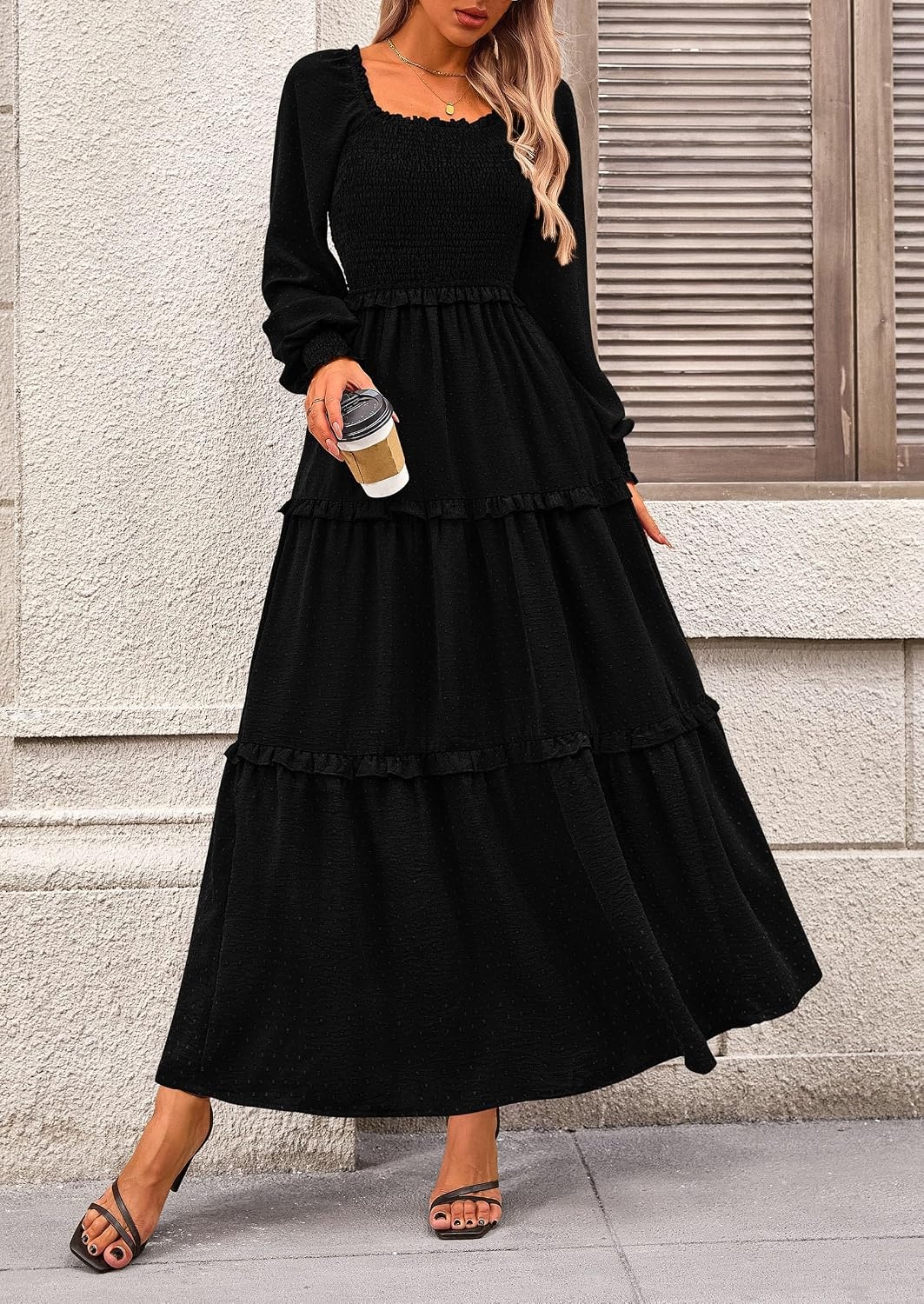 image:imagePRETTYGARDEN Womens Smocked Long Sleeve Maxi Dress Wedding Guest DressesBlack