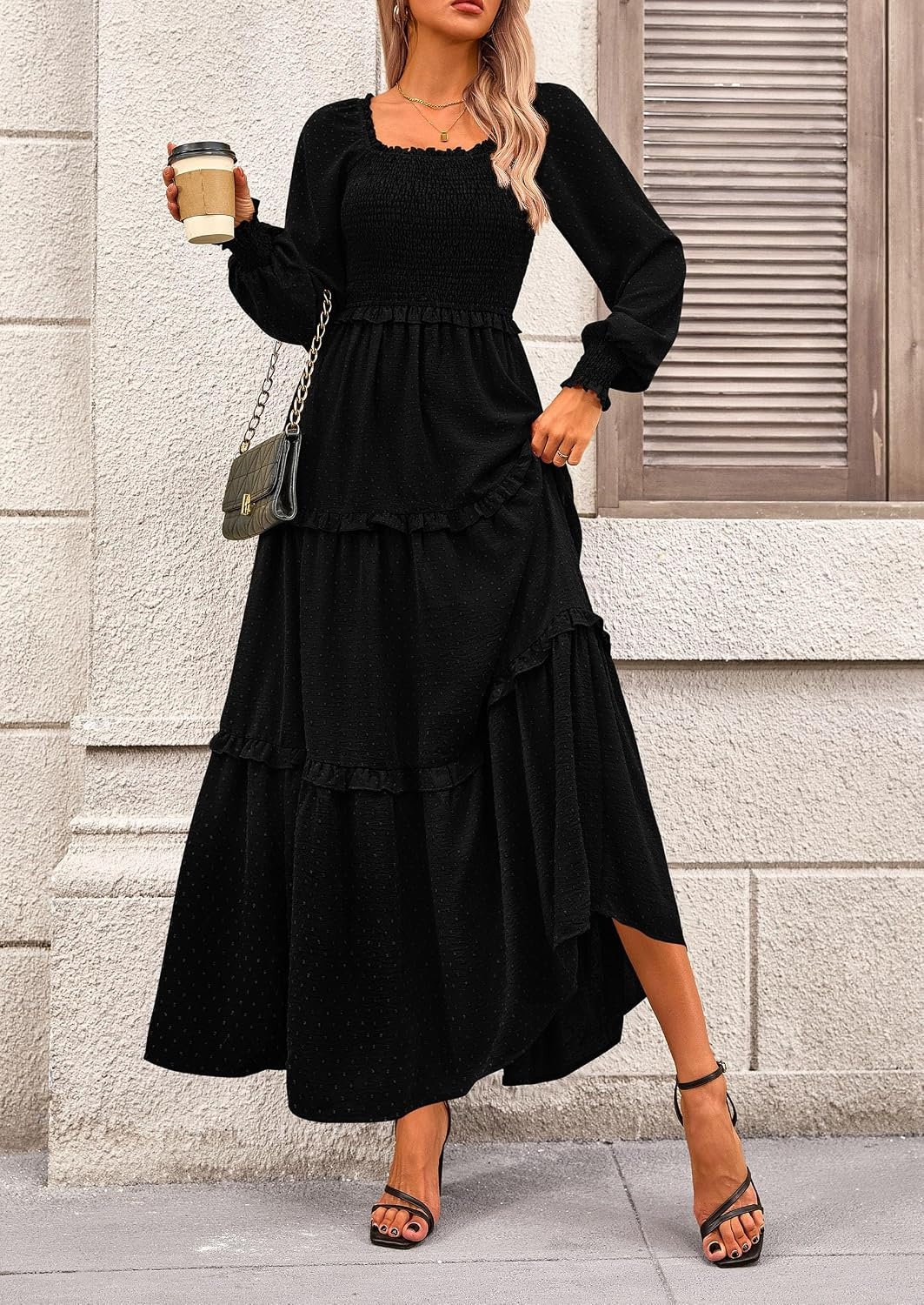 image:imagePRETTYGARDEN Womens Smocked Long Sleeve Maxi Dress Wedding Guest DressesBlack