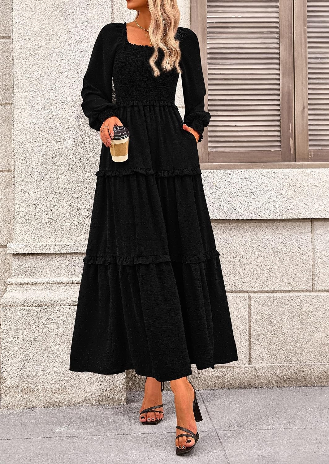 image:imagePRETTYGARDEN Womens Smocked Long Sleeve Maxi Dress Wedding Guest DressesBlack