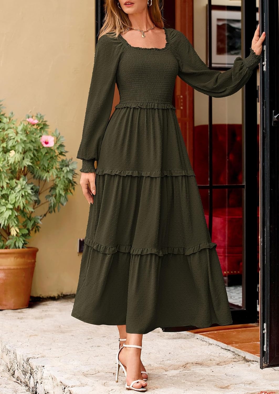 image:imagePRETTYGARDEN Womens Smocked Long Sleeve Maxi Dress Wedding Guest DressesDark Army Green