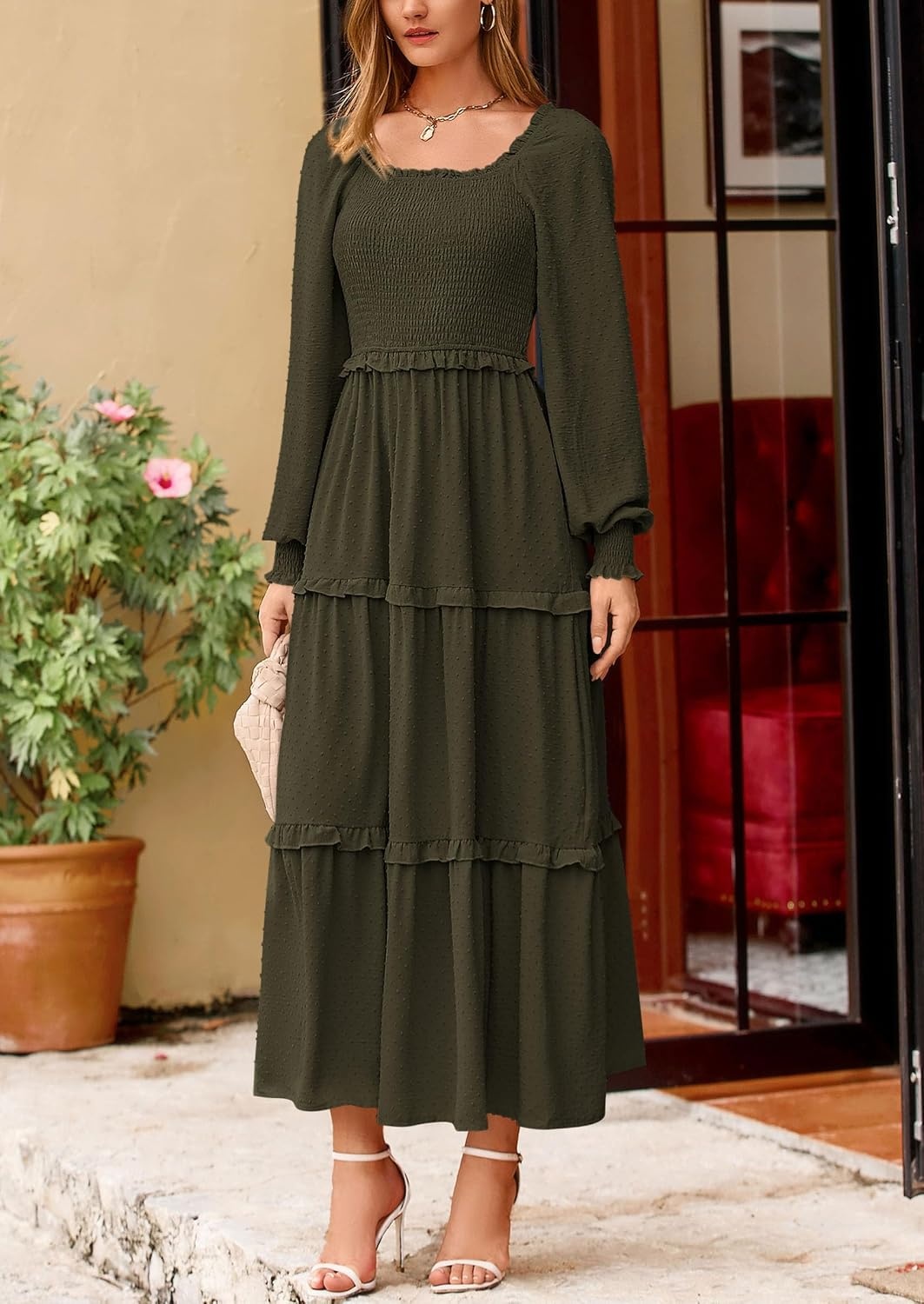 image:imagePRETTYGARDEN Womens Smocked Long Sleeve Maxi Dress Wedding Guest DressesDark Army Green