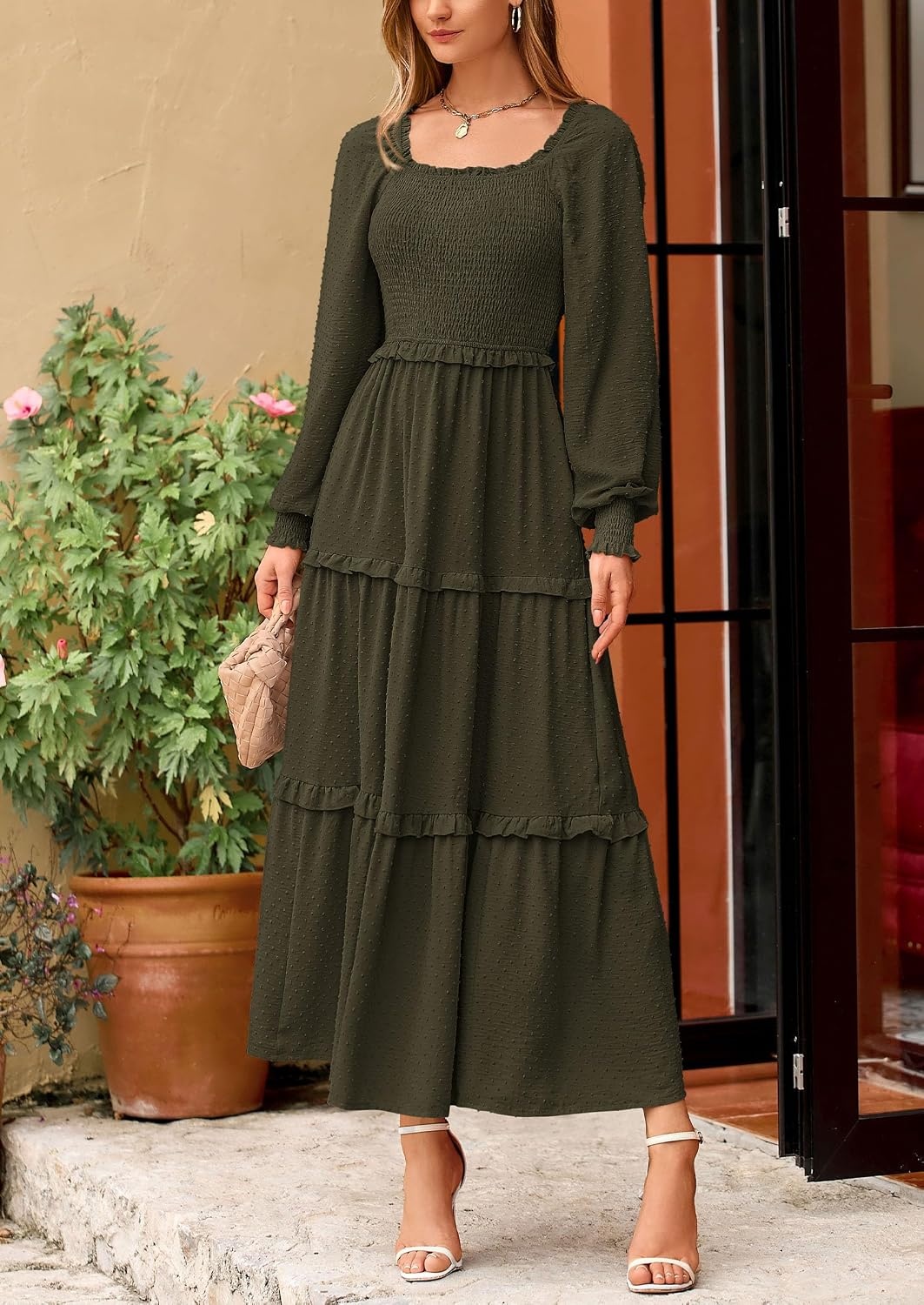 image:imagePRETTYGARDEN Womens Smocked Long Sleeve Maxi Dress Wedding Guest DressesDark Army Green