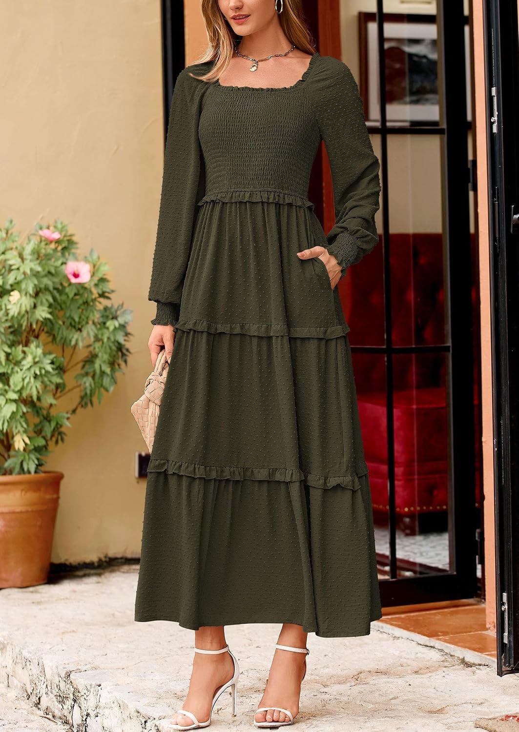 image:imagePRETTYGARDEN Womens Smocked Long Sleeve Maxi Dress Wedding Guest DressesDark Army Green