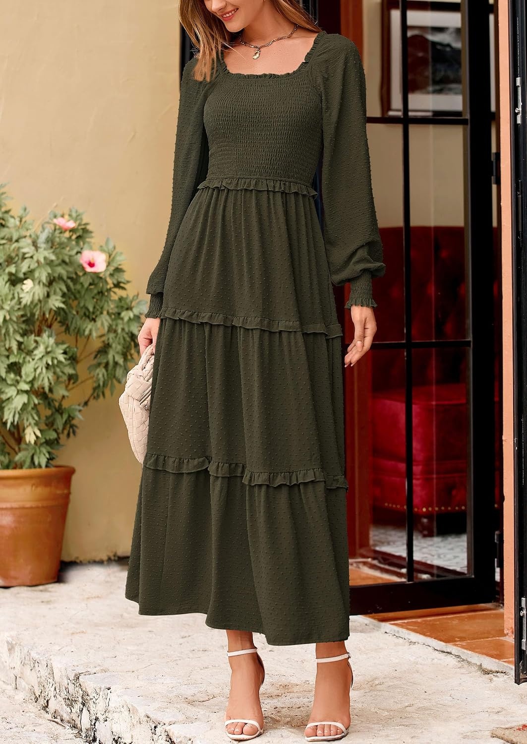 image:imagePRETTYGARDEN Womens Smocked Long Sleeve Maxi Dress Wedding Guest DressesDark Army Green
